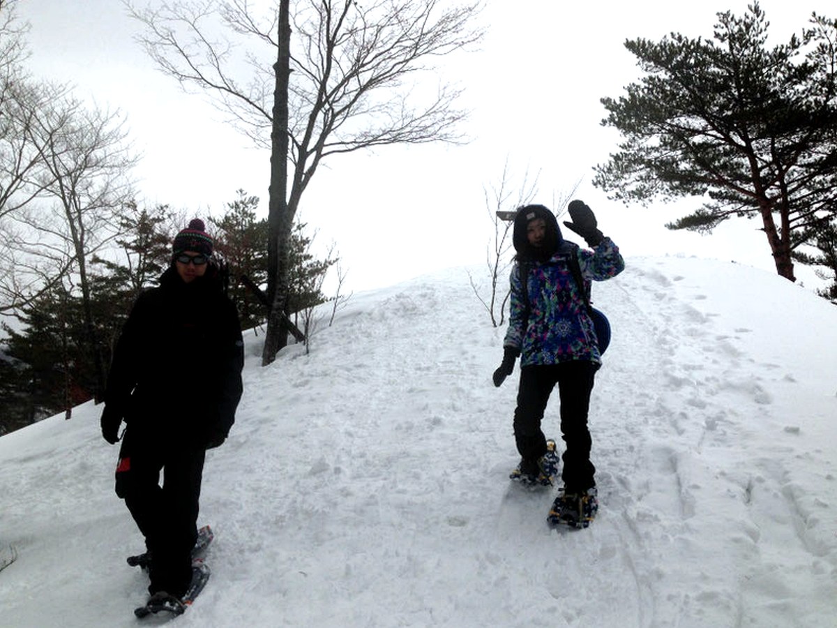 スノーシューで雪の道を歩く参加者